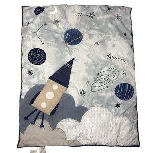 Lambs & Ivy Space Quilt Celestial Rocket Shuttle Moon Stars Blue Baby Blanket